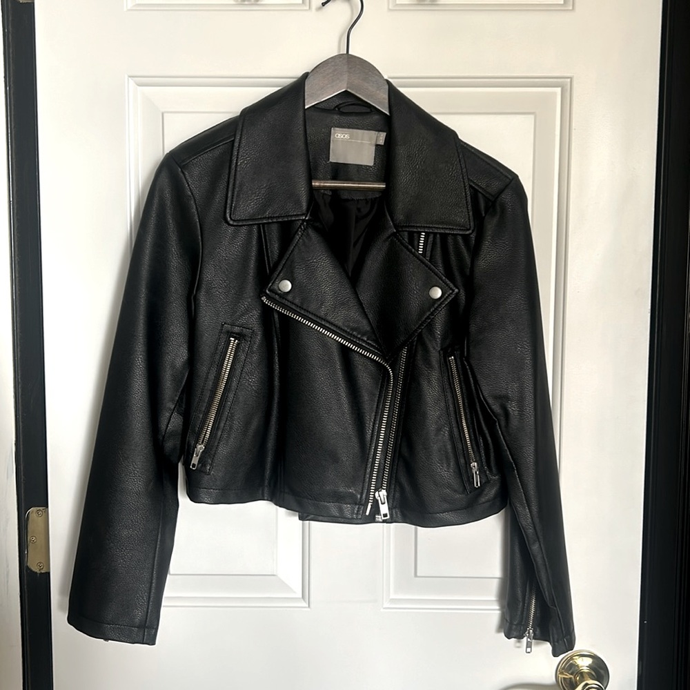 ASOS Design Faux Leather Cropped Biker Jacket in Black